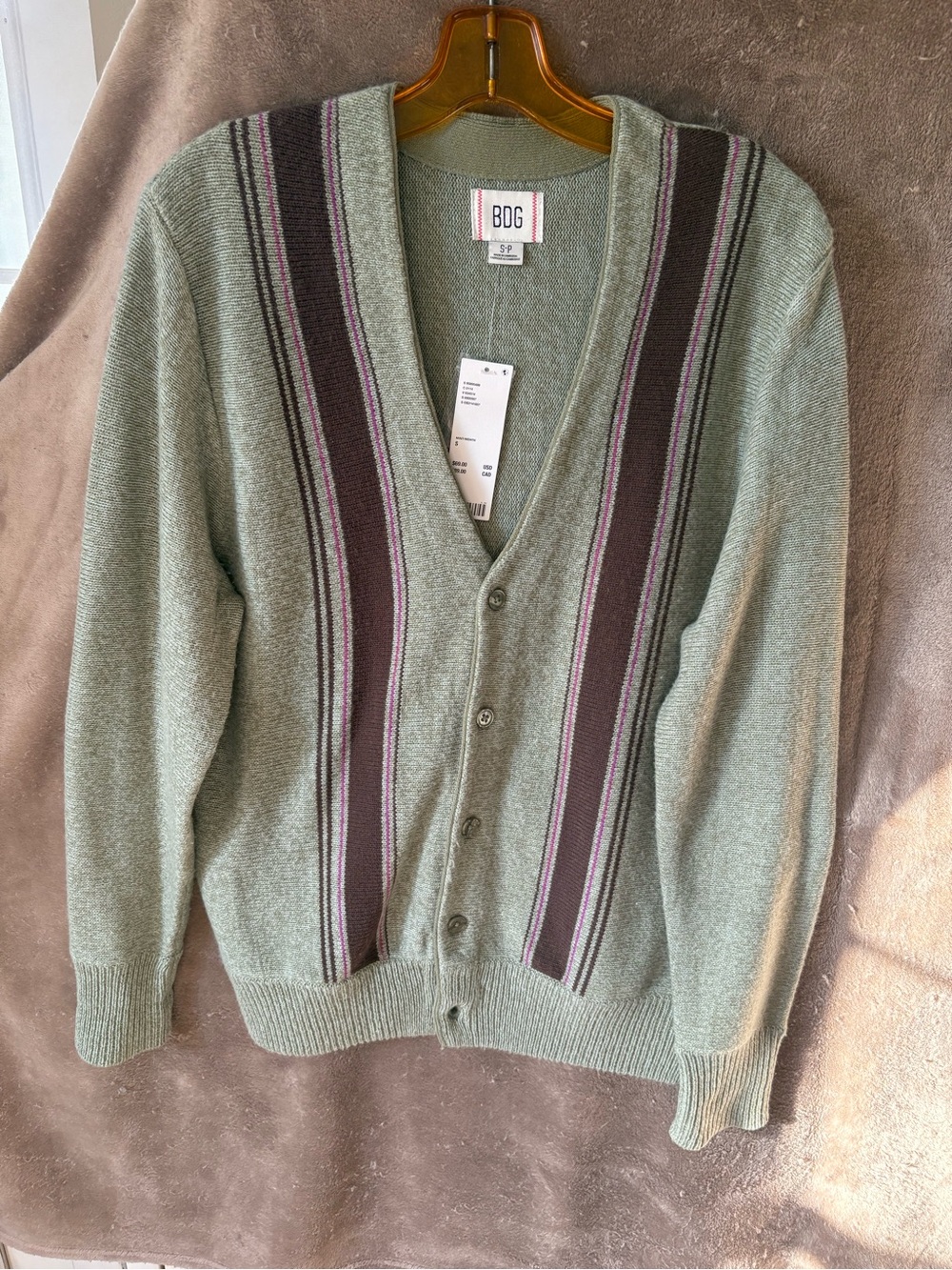 BDG Urban Outfitters woman’s Sage Green Cardigan with Brown and Purple Stripe De